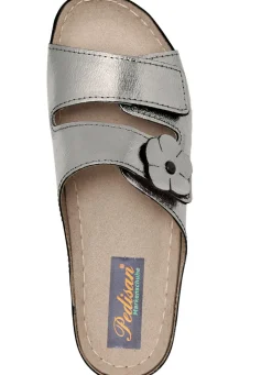 Bequeme Damen-Pantoletten, Weite G, mit Lederblüte