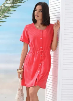 Frottier-Kleid mit durchgehender Knopfleiste