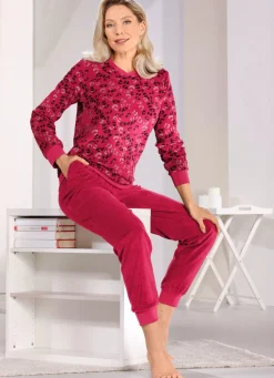 Frottierstretch Schlafanzug mit Rundhals und Bündchen