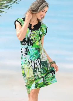 Kleid mit farbbrillantem Druckdessin und überschnittenen Ärmeln