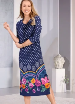 Laurina Nachthemd mit Bordürendruck und 3/4-langen Ärmeln