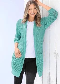 Long-Strickjacke in streckender Streifenoptik