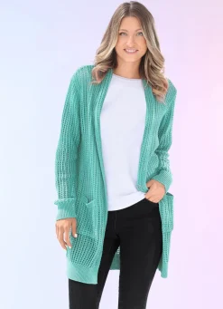 Long-Strickjacke in streckender Streifenoptik