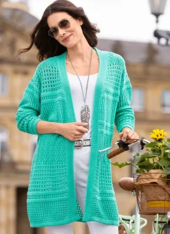 Long-Strickjacke in Struktur- und Ajourmustermix