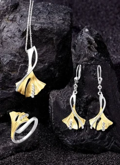 Ohrringe Ginkgoblatt in Bicolor mit synth. Zirkonia