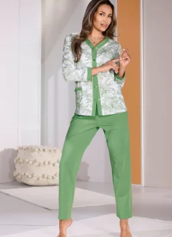 Schlafanzug, durchgeknöpft mit Blende und langen Ärmeln