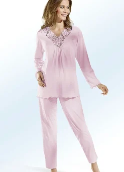 Schlafanzug, Langarm mit V-Ausschnitt und Spitze