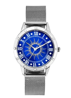 Silberfarbene Damenuhr mit Sonnenmotiv und Kristallakzenten