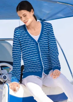 Strickjacke mit feinen Ringeln und Ajourrauten