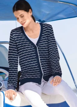 Strickjacke mit feinen Ringeln und Ajourrauten