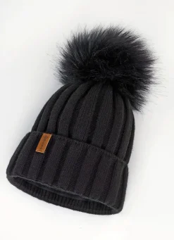 Trendige Damen-Mütze mit breitem Umschlag und Kunstfell-Bommel