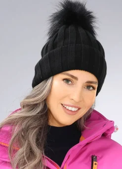 Trendige Damen-Mütze mit breitem Umschlag und Kunstfell-Bommel